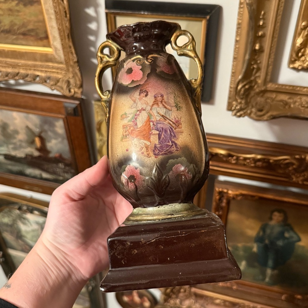 Antique Floral Vase with Gold Handles